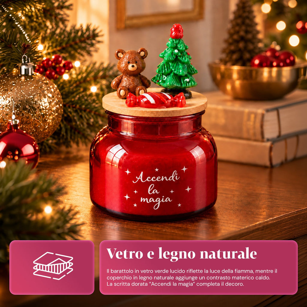 Scented Candle in Glass Jar with Decorated Lid – Pine, Cinnamon and Vanilla Fragrances – Reusable Container with Inscription