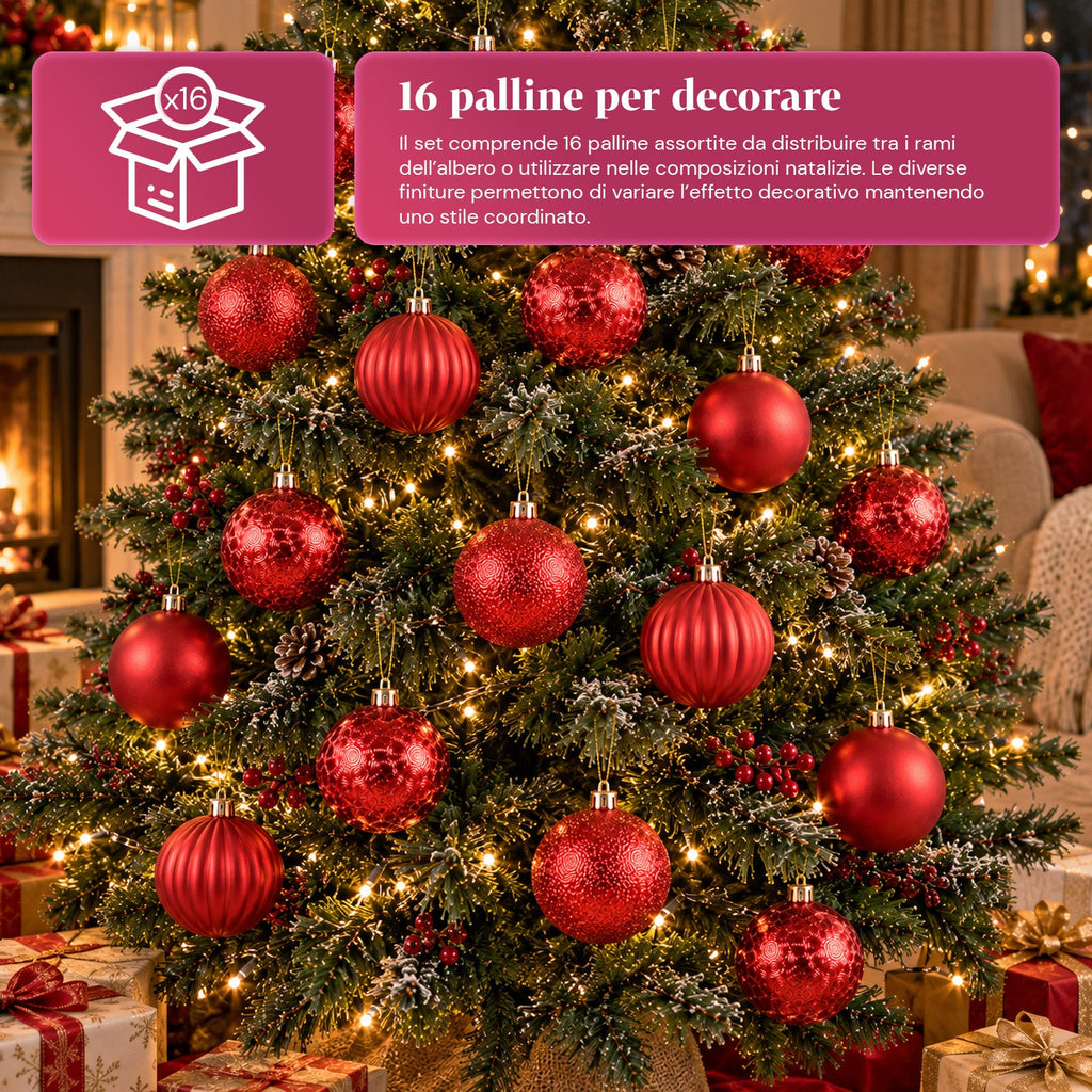 Set 16 Palline di Natale Infrangibili 7 cm - 4 Finiture Assortite Lucide, Opache e Glitterate - Decorazioni Albero e Casa - Rosso, Oro, Argento