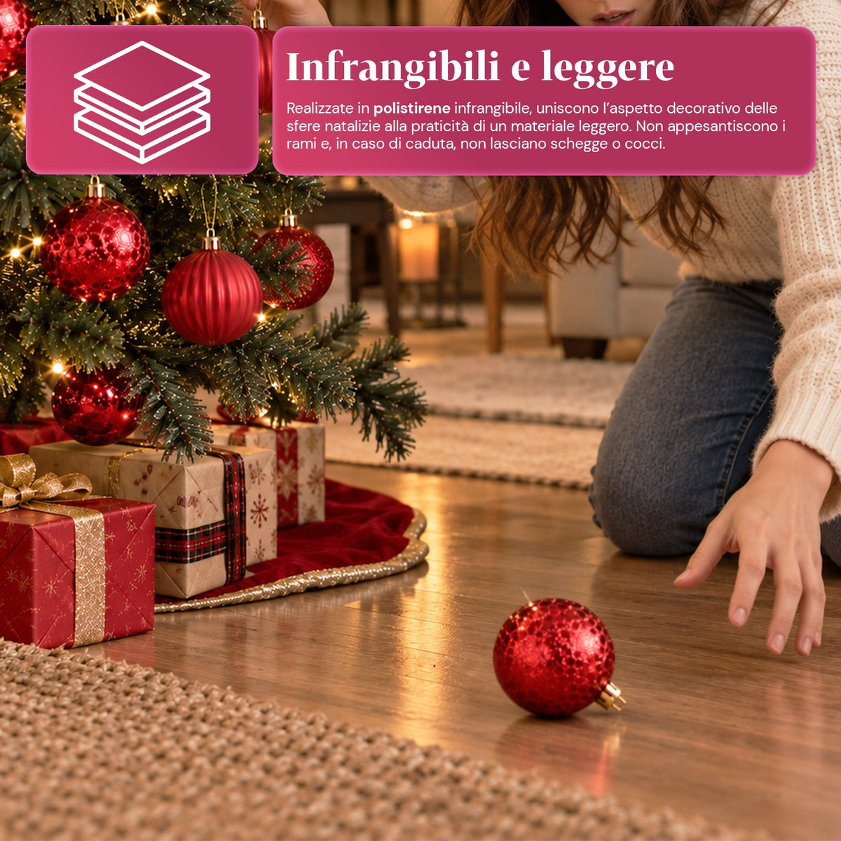 Set 16 Palline di Natale Infrangibili 7 cm - 4 Finiture Assortite Lucide, Opache e Glitterate - Decorazioni Albero e Casa - Rosso, Oro, Argento