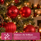 Set 16 Palline di Natale Infrangibili 7 cm - 4 Finiture Assortite Lucide, Opache e Glitterate - Decorazioni Albero e Casa - Rosso, Oro, Argento