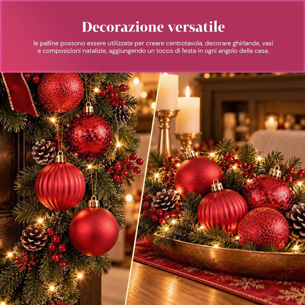 Set 16 Palline di Natale Infrangibili 7 cm - 4 Finiture Assortite Lucide, Opache e Glitterate - Decorazioni Albero e Casa - Rosso, Oro, Argento