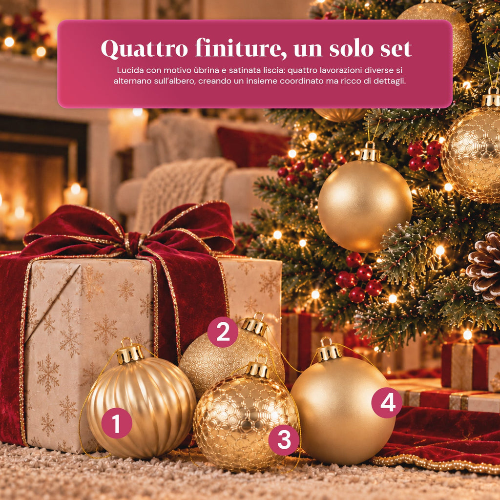 Set 16 Palline di Natale Infrangibili 7 cm - 4 Finiture Assortite Lucide, Opache e Glitterate - Decorazioni Albero e Casa - Rosso, Oro, Argento