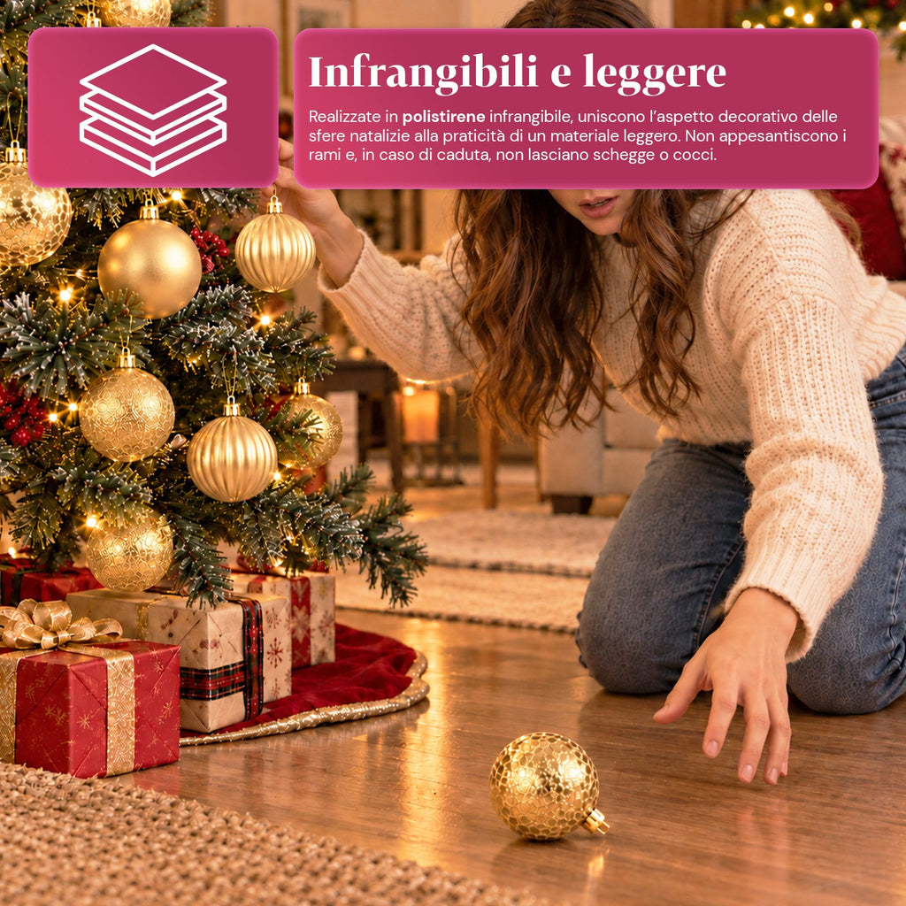 Set 16 Palline di Natale Infrangibili 7 cm - 4 Finiture Assortite Lucide, Opache e Glitterate - Decorazioni Albero e Casa - Rosso, Oro, Argento