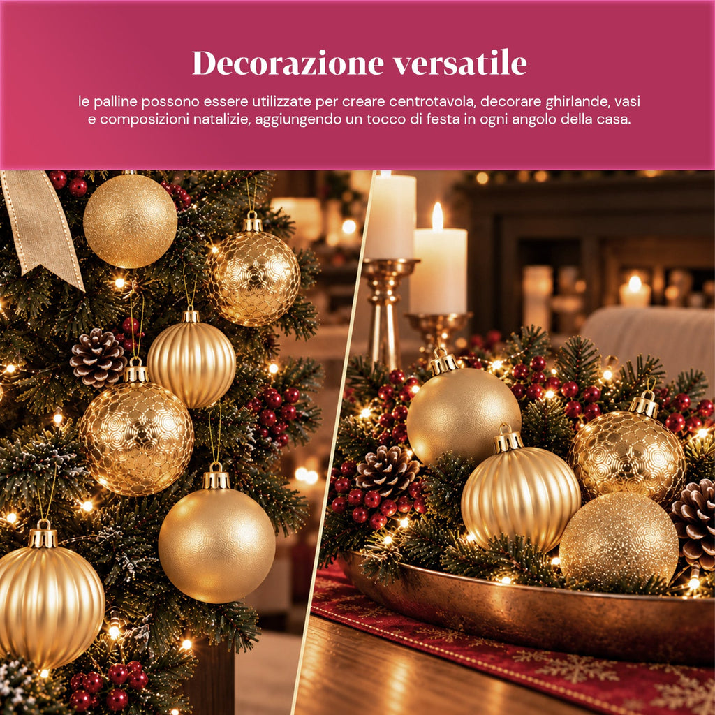 Set 16 Palline di Natale Infrangibili 7 cm - 4 Finiture Assortite Lucide, Opache e Glitterate - Decorazioni Albero e Casa - Rosso, Oro, Argento