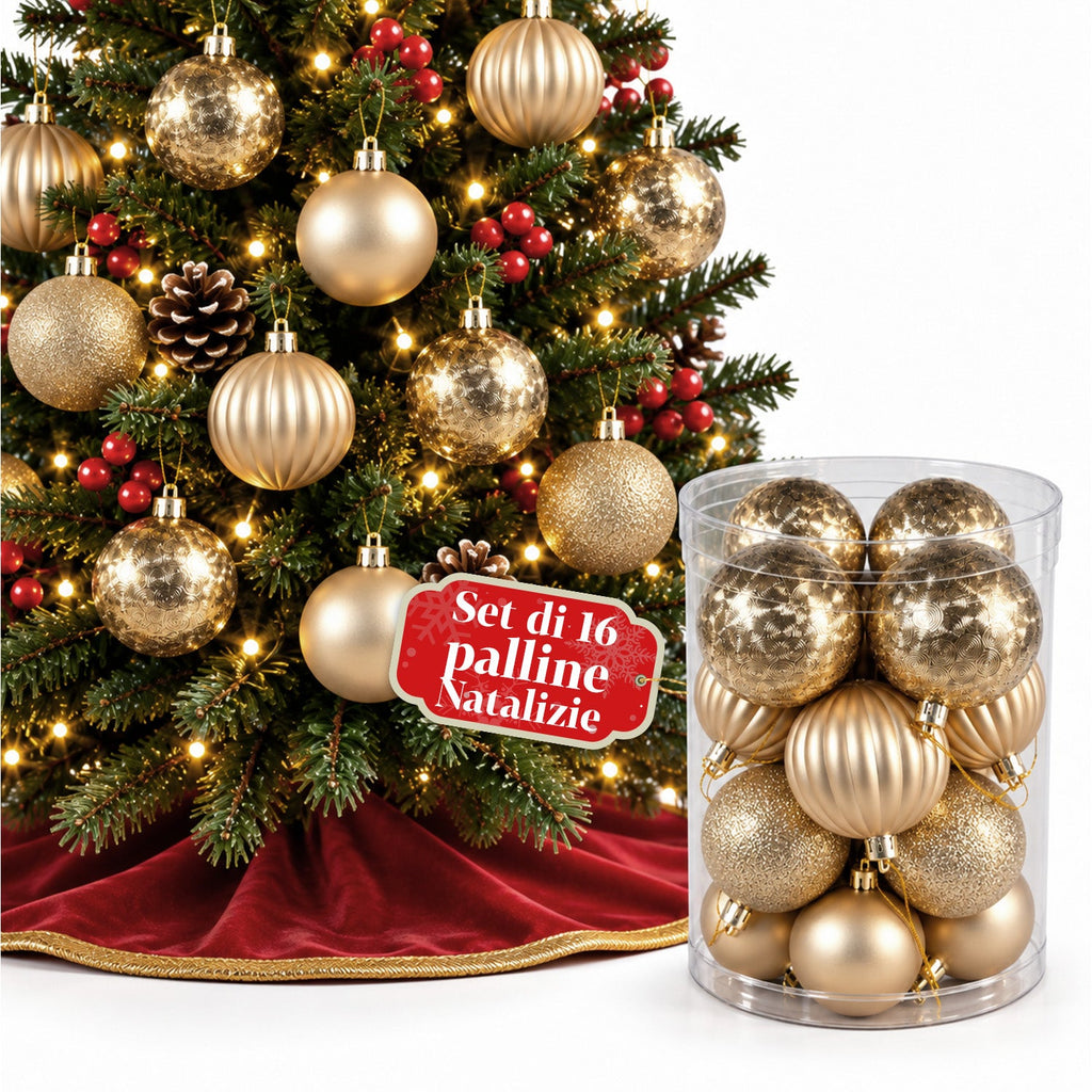 Set 16 Palline di Natale Infrangibili 7 cm - 4 Finiture Assortite Lucide, Opache e Glitterate - Decorazioni Albero e Casa - Rosso, Oro, Argento