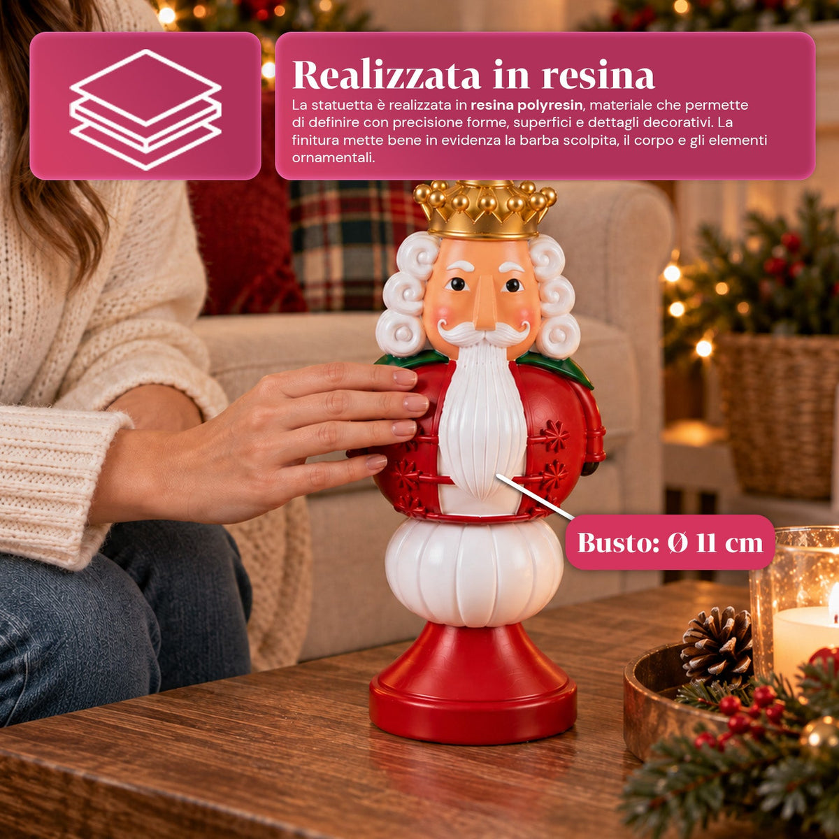 Statuetta natalizia 35 cm in resina, decorazione di Natale Babbo Natale, soldatino schiaccianoci e orsetto, rosso o bianco, per interni ed esterni