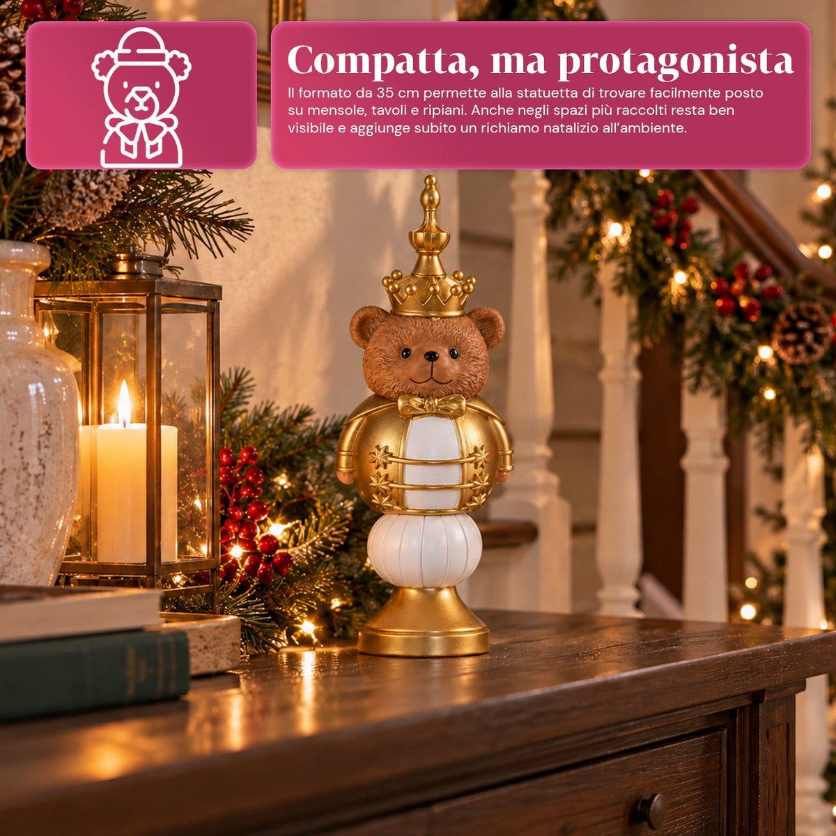 Statuetta natalizia 35 cm in resina, decorazione di Natale Babbo Natale, soldatino schiaccianoci e orsetto, rosso o bianco, per interni ed esterni
