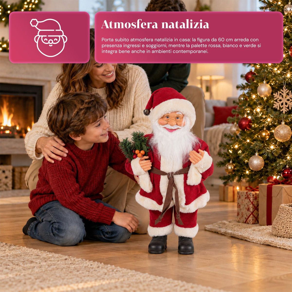 Babbo Natale decorativo da 60 cm con ramo di pino e decorazioni natalizie – Statua natalizia dettagliata in 4 varianti: rosso, eschimese, bianco, grigio