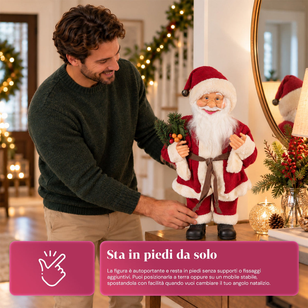 Babbo Natale decorativo da 60 cm con ramo di pino e decorazioni natalizie – Statua natalizia dettagliata in 4 varianti: rosso, eschimese, bianco, grigio