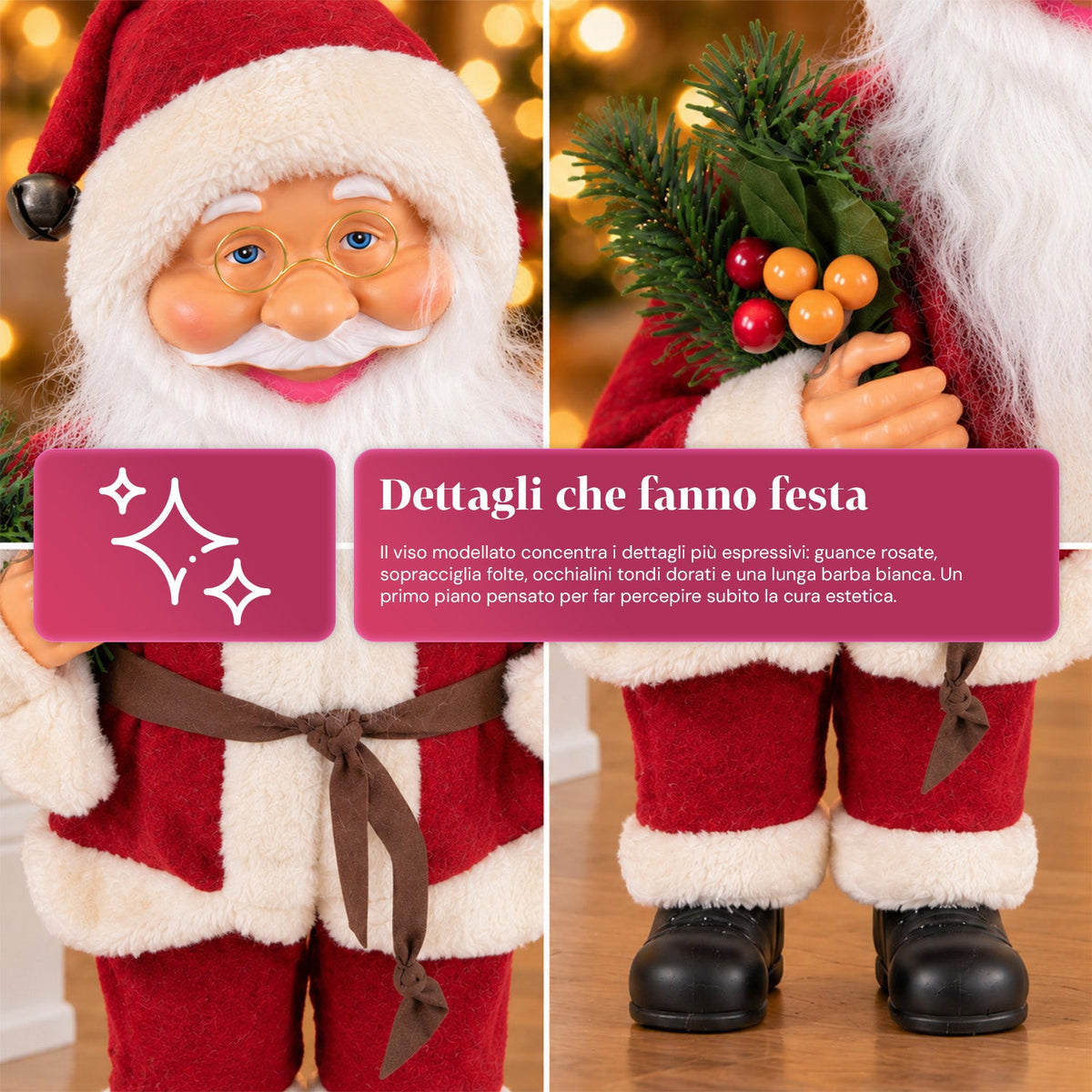 Babbo Natale decorativo da 60 cm con ramo di pino e decorazioni natalizie – Statua natalizia dettagliata in 4 varianti: rosso, eschimese, bianco, grigio