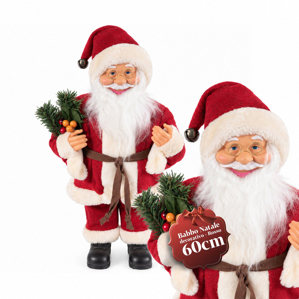 Babbo Natale decorativo da 60 cm con ramo di pino e decorazioni natalizie – Statua natalizia dettagliata in 4 varianti: rosso, eschimese, bianco, grigio