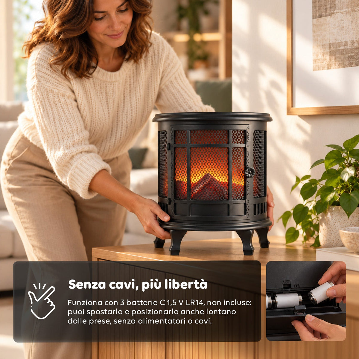 Caminetto Decorativo a LED con Effetto Fiamma Realistico, Lampada Ornamentale a Batteria Senza Calore, Design Vintage 30,5x16x35,5 cm