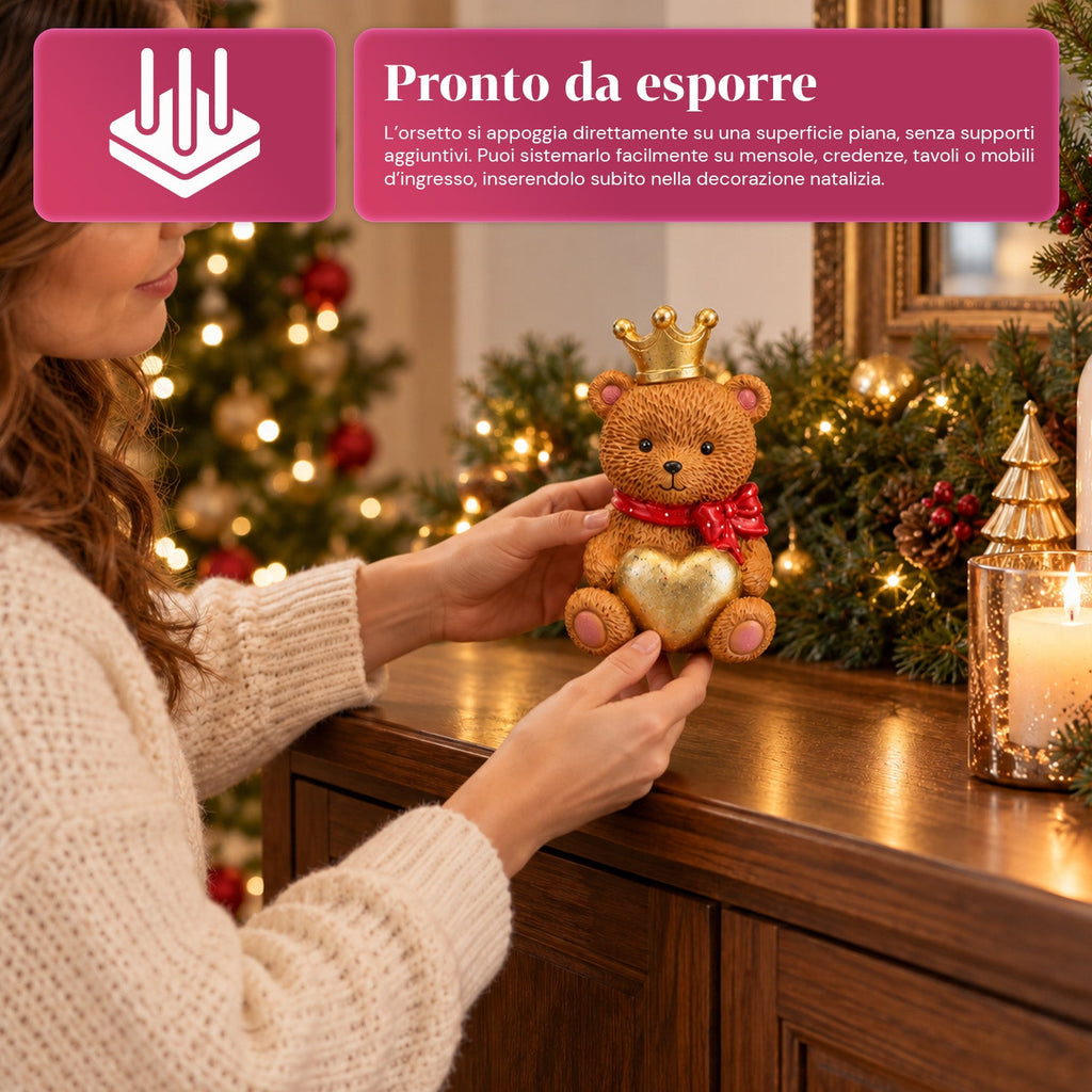 Orsetto decorativo natalizio in poliresina 16x15x21 cm, soprammobile orso Natale, statuina ornamento addobbo decorazione casa natalizia, assortiti