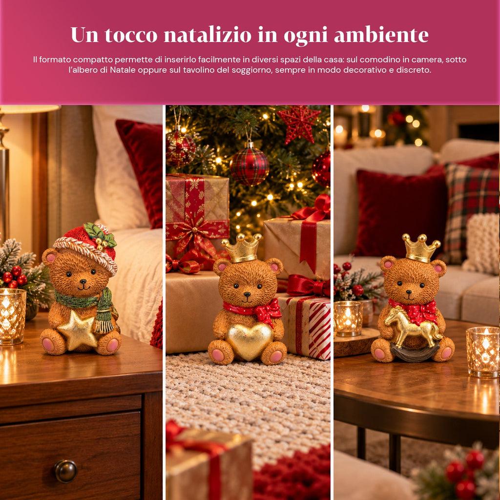 Orsetto decorativo natalizio in poliresina 16x15x21 cm, soprammobile orso Natale, statuina ornamento addobbo decorazione casa natalizia, assortiti