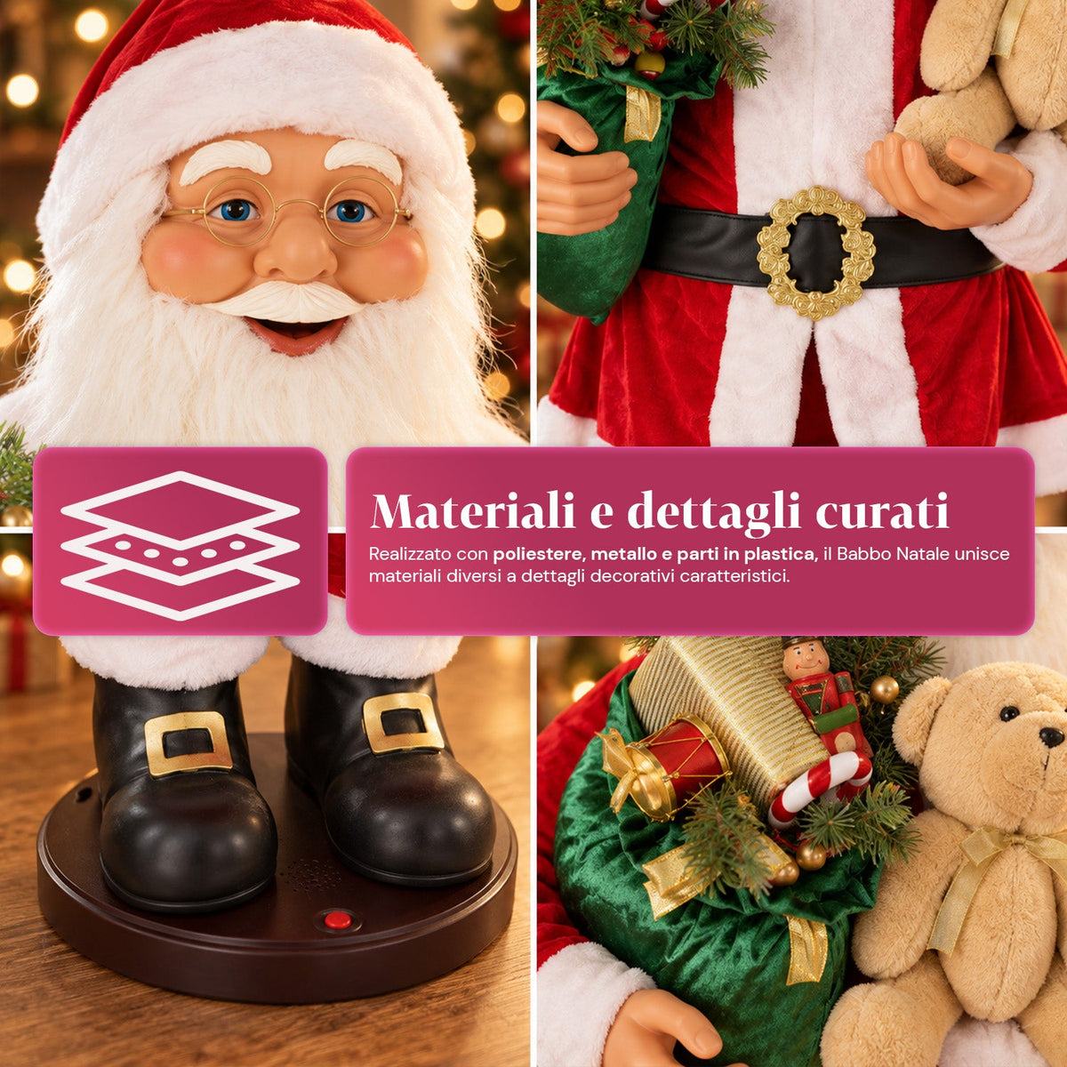 Babbo Natale Danzante 150 cm con Musica, Canto e Movimento - Decorazione Natalizia da Interno con Pulsante, Base 38 cm, Rosso