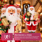 Babbo Natale Danzante 150 cm con Musica, Canto e Movimento - Decorazione Natalizia da Interno con Pulsante, Base 38 cm, Rosso
