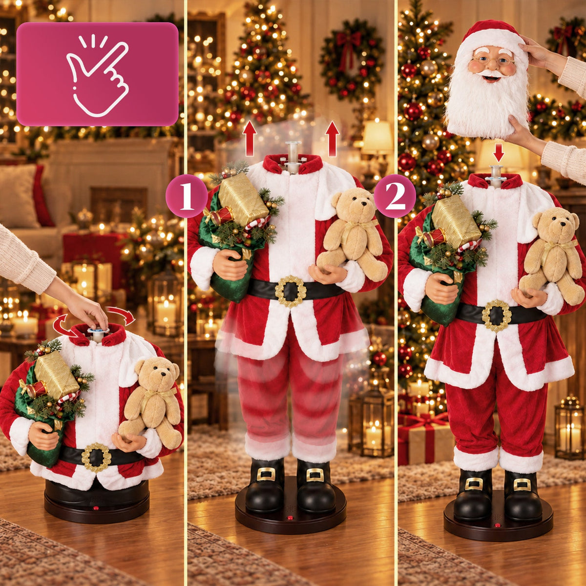 Babbo Natale Danzante 150 cm con Musica, Canto e Movimento - Decorazione Natalizia da Interno con Pulsante, Base 38 cm, Rosso