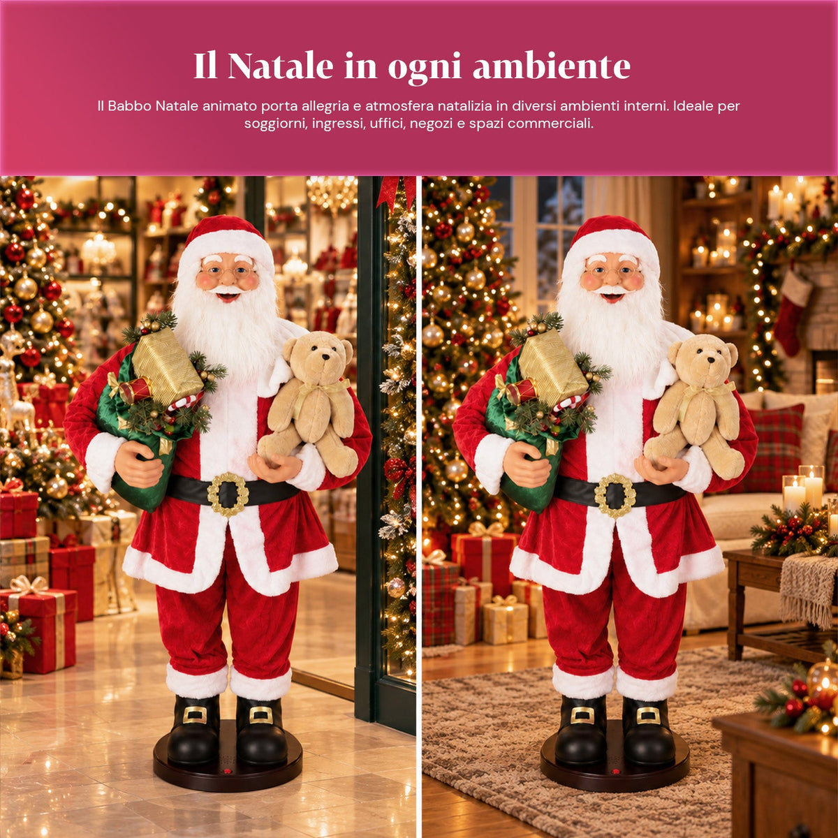 Babbo Natale Danzante 150 cm con Musica, Canto e Movimento - Decorazione Natalizia da Interno con Pulsante, Base 38 cm, Rosso