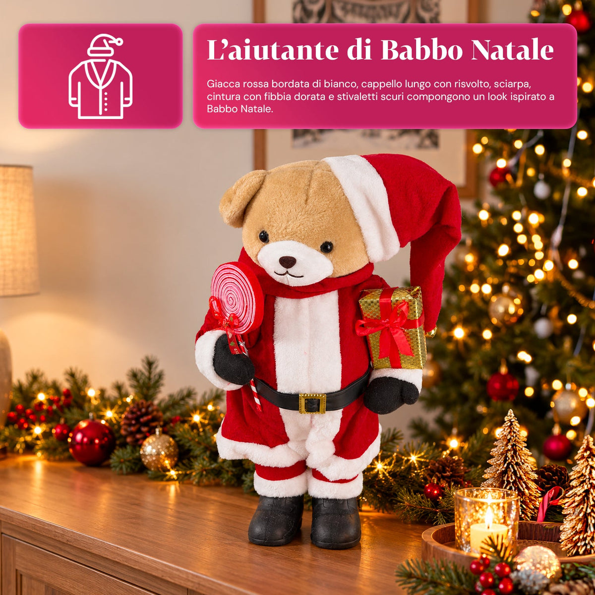 Orsetto natalizio in peluche con abito rosso e bianco, tre misure per decorare gli interni