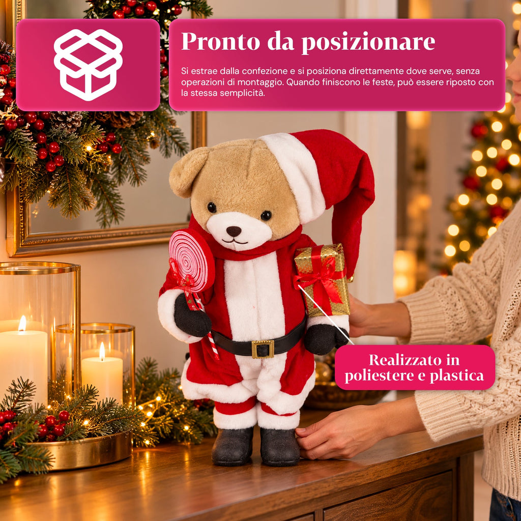 Orsetto natalizio in peluche con abito rosso e bianco, tre misure per decorare gli interni
