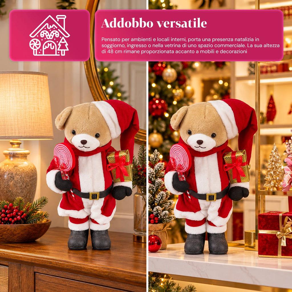 Orsetto natalizio in peluche con abito rosso e bianco, tre misure per decorare gli interni