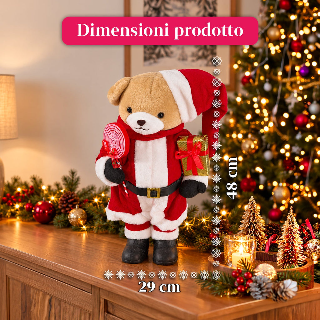 Orsetto natalizio in peluche con abito rosso e bianco, tre misure per decorare gli interni