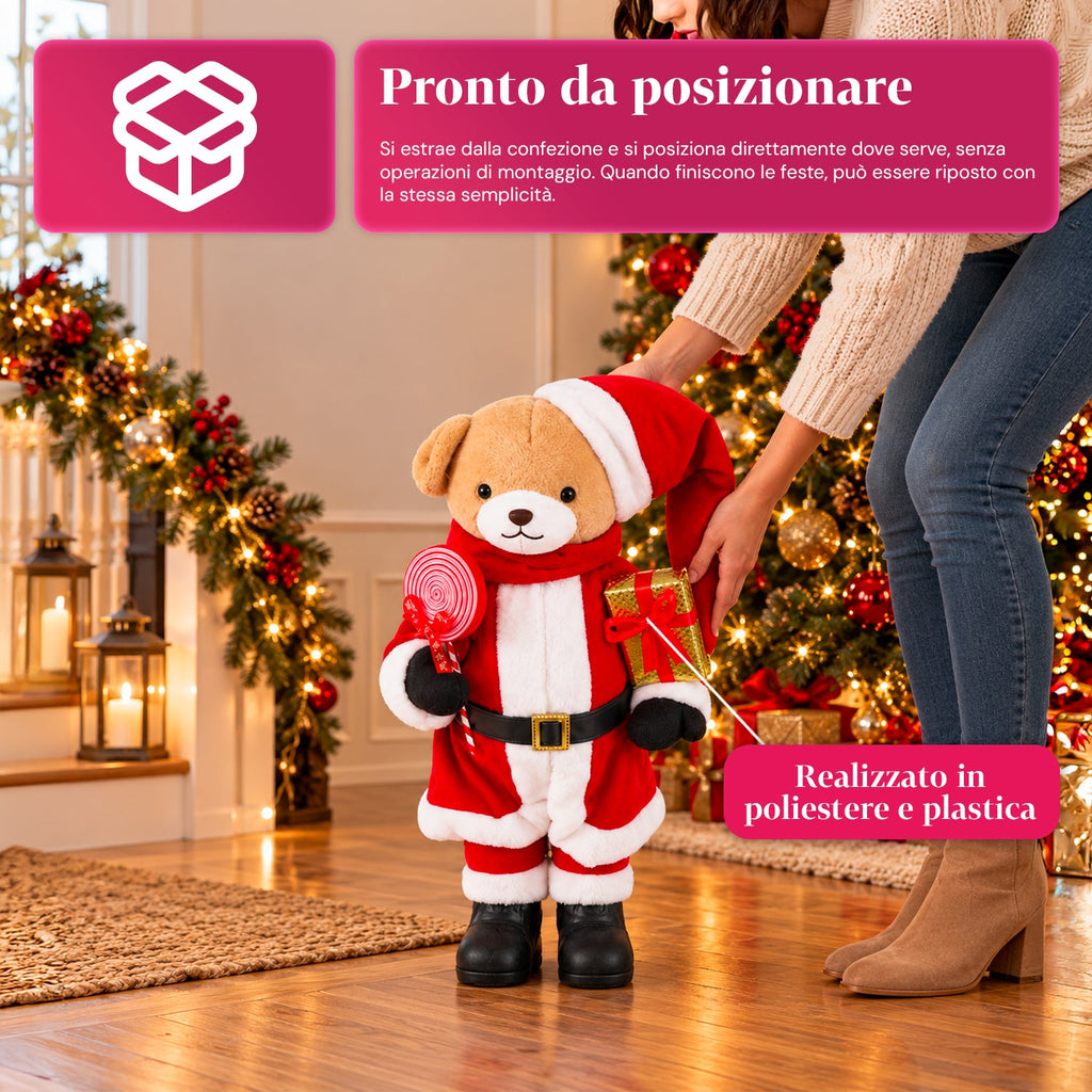 Orsetto natalizio in peluche con abito rosso e bianco, tre misure per decorare gli interni