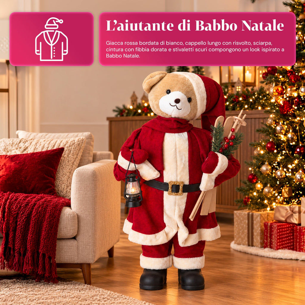 Orsetto natalizio in peluche con abito rosso e bianco, tre misure per decorare gli interni