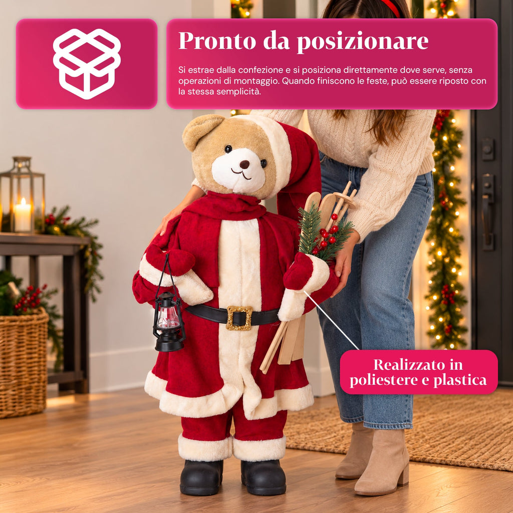 Orsetto natalizio in peluche con abito rosso e bianco, tre misure per decorare gli interni