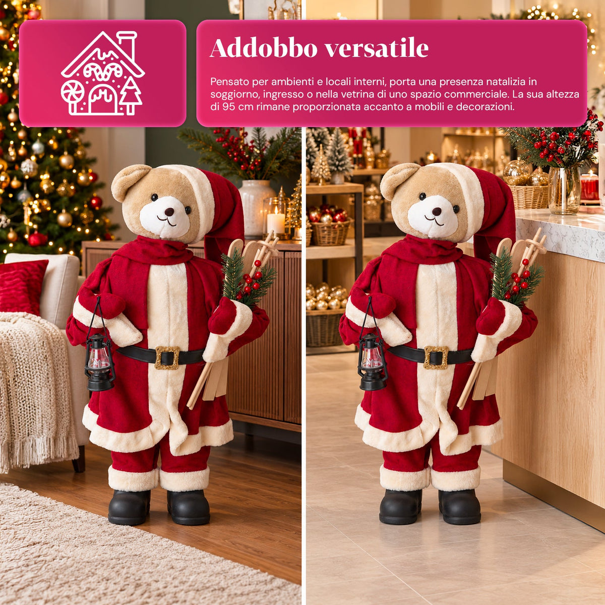 Orsetto natalizio in peluche con abito rosso e bianco, tre misure per decorare gli interni