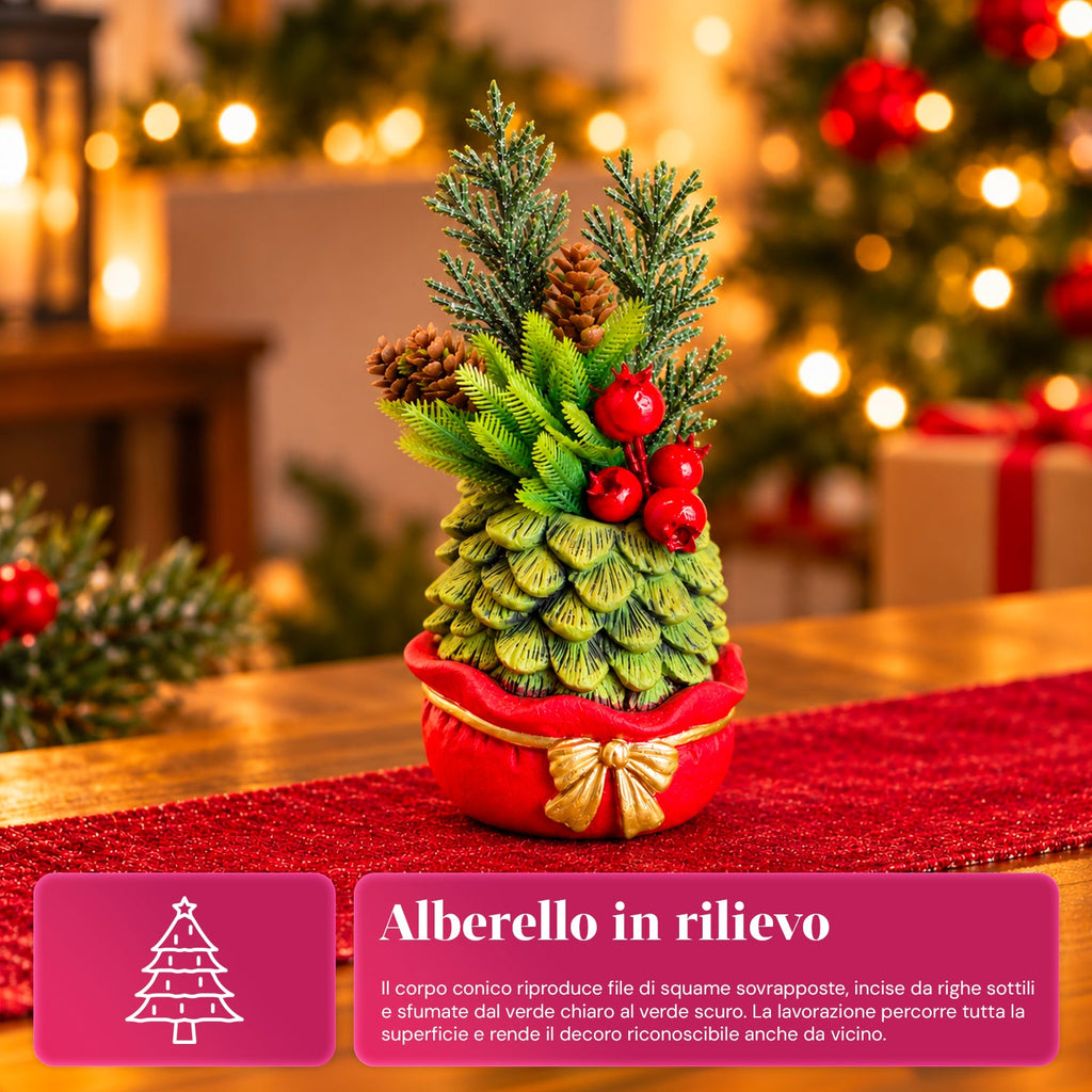 Piantina ornamentale con alberello 20 cm, decorazione natalizia da tavolo con pigne, bacche rosse e fiocco in rilievo, 2 varianti rosso e oro