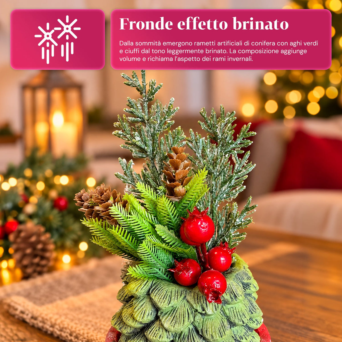 Piantina ornamentale con alberello 20 cm, decorazione natalizia da tavolo con pigne, bacche rosse e fiocco in rilievo, 2 varianti rosso e oro