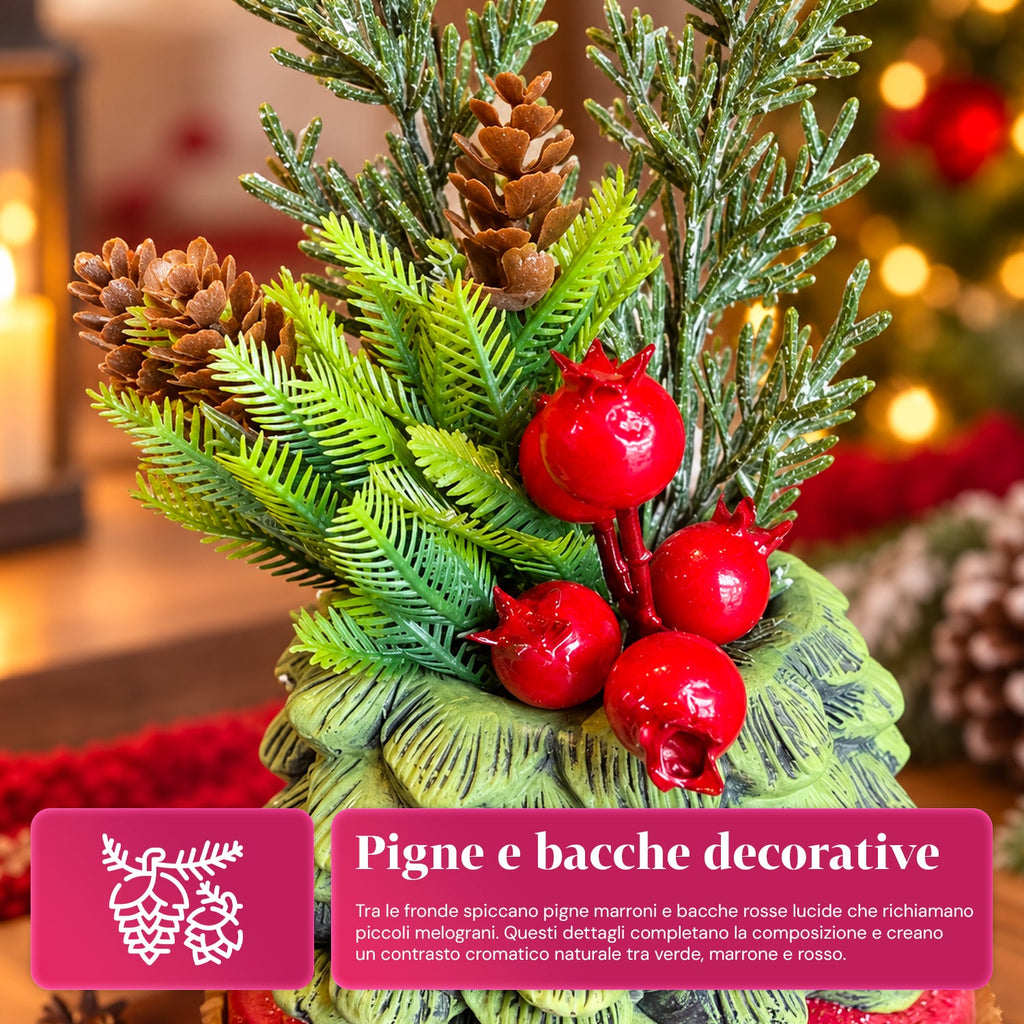 Piantina ornamentale con alberello 20 cm, decorazione natalizia da tavolo con pigne, bacche rosse e fiocco in rilievo, 2 varianti rosso e oro