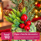 Piantina ornamentale con alberello 20 cm, decorazione natalizia da tavolo con pigne, bacche rosse e fiocco in rilievo, 2 varianti rosso e oro