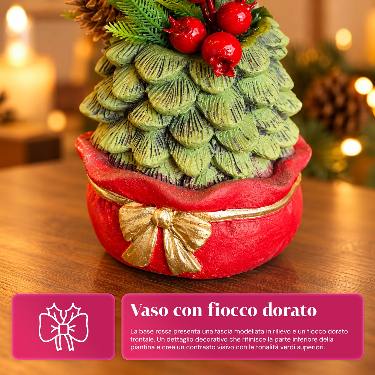 Piantina ornamentale con alberello 20 cm, decorazione natalizia da tavolo con pigne, bacche rosse e fiocco in rilievo, 2 varianti rosso e oro