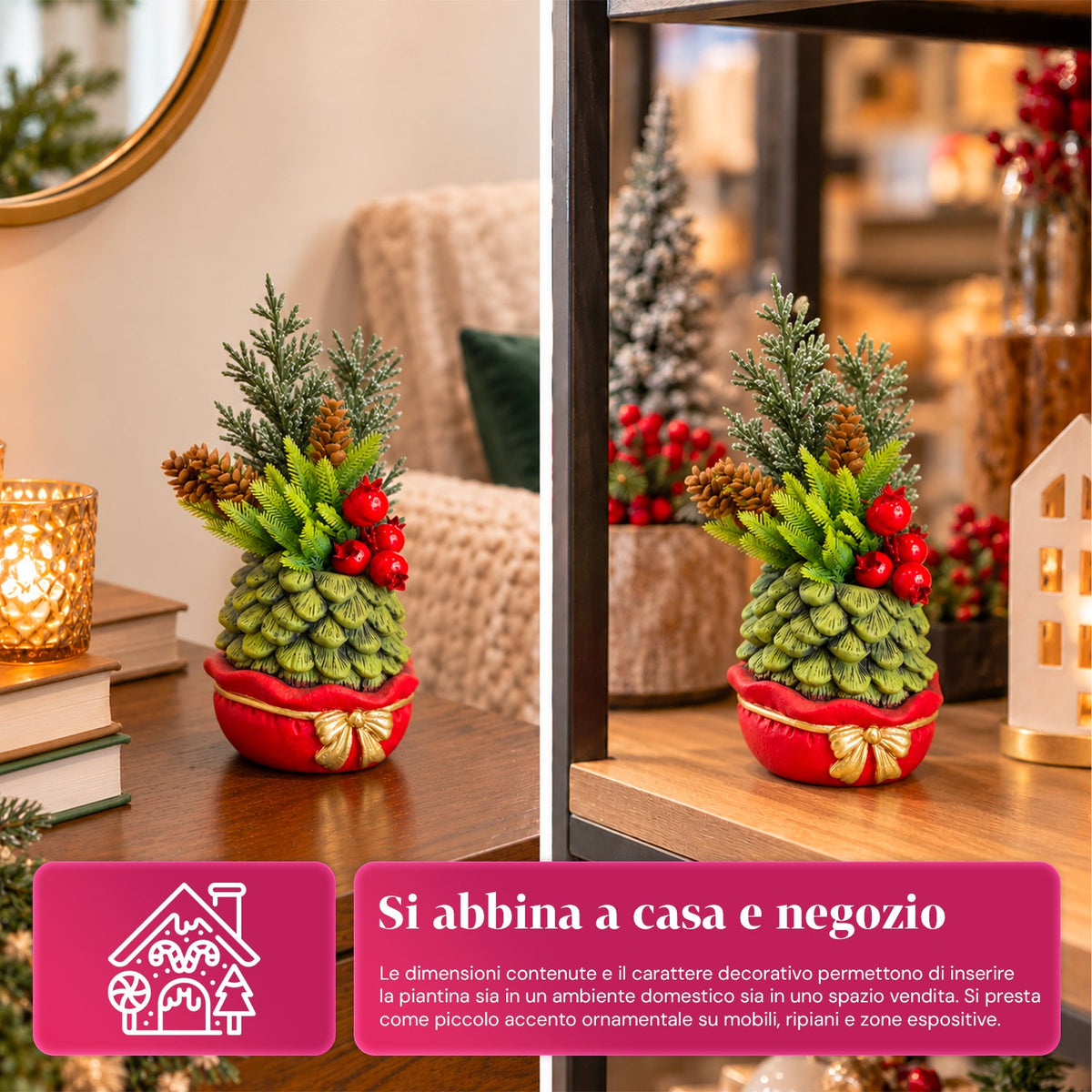 Piantina ornamentale con alberello 20 cm, decorazione natalizia da tavolo con pigne, bacche rosse e fiocco in rilievo, 2 varianti rosso e oro