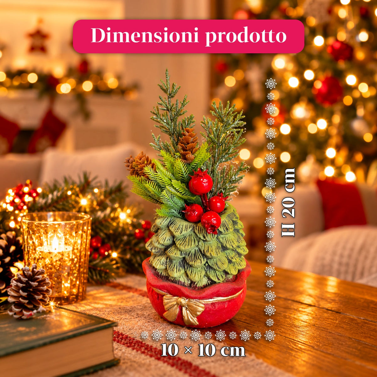 Piantina ornamentale con alberello 20 cm, decorazione natalizia da tavolo con pigne, bacche rosse e fiocco in rilievo, 2 varianti rosso e oro