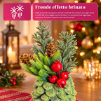 Piantina ornamentale con alberello 20 cm, decorazione natalizia da tavolo con pigne, bacche rosse e fiocco in rilievo, 2 varianti rosso e oro