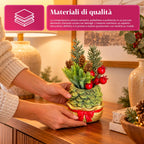 Piantina ornamentale con alberello 20 cm, decorazione natalizia da tavolo con pigne, bacche rosse e fiocco in rilievo, 2 varianti rosso e oro