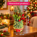 Piantina ornamentale con alberello 20 cm, decorazione natalizia da tavolo con pigne, bacche rosse e fiocco in rilievo, 2 varianti rosso e oro