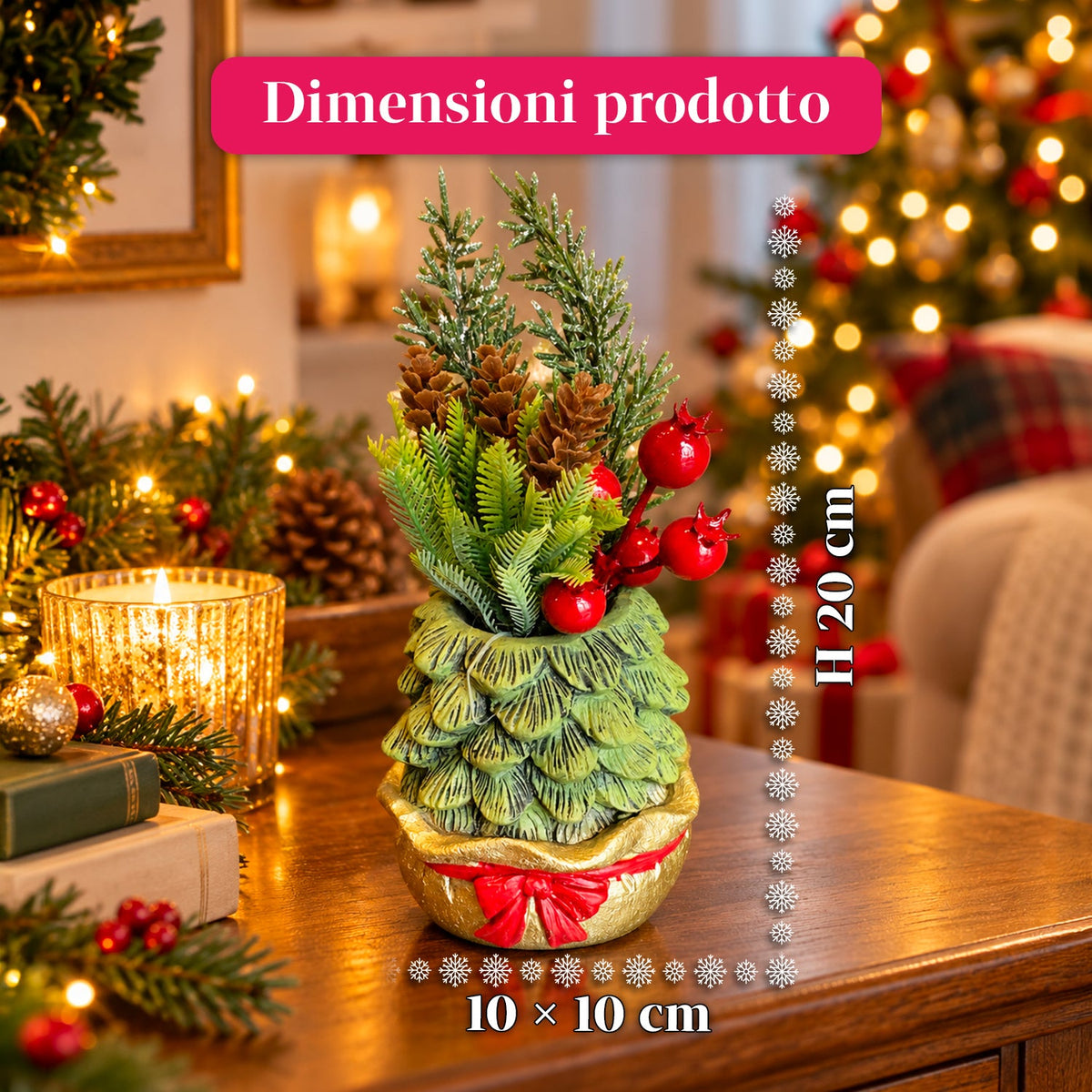 Piantina ornamentale con alberello 20 cm, decorazione natalizia da tavolo con pigne, bacche rosse e fiocco in rilievo, 2 varianti rosso e oro