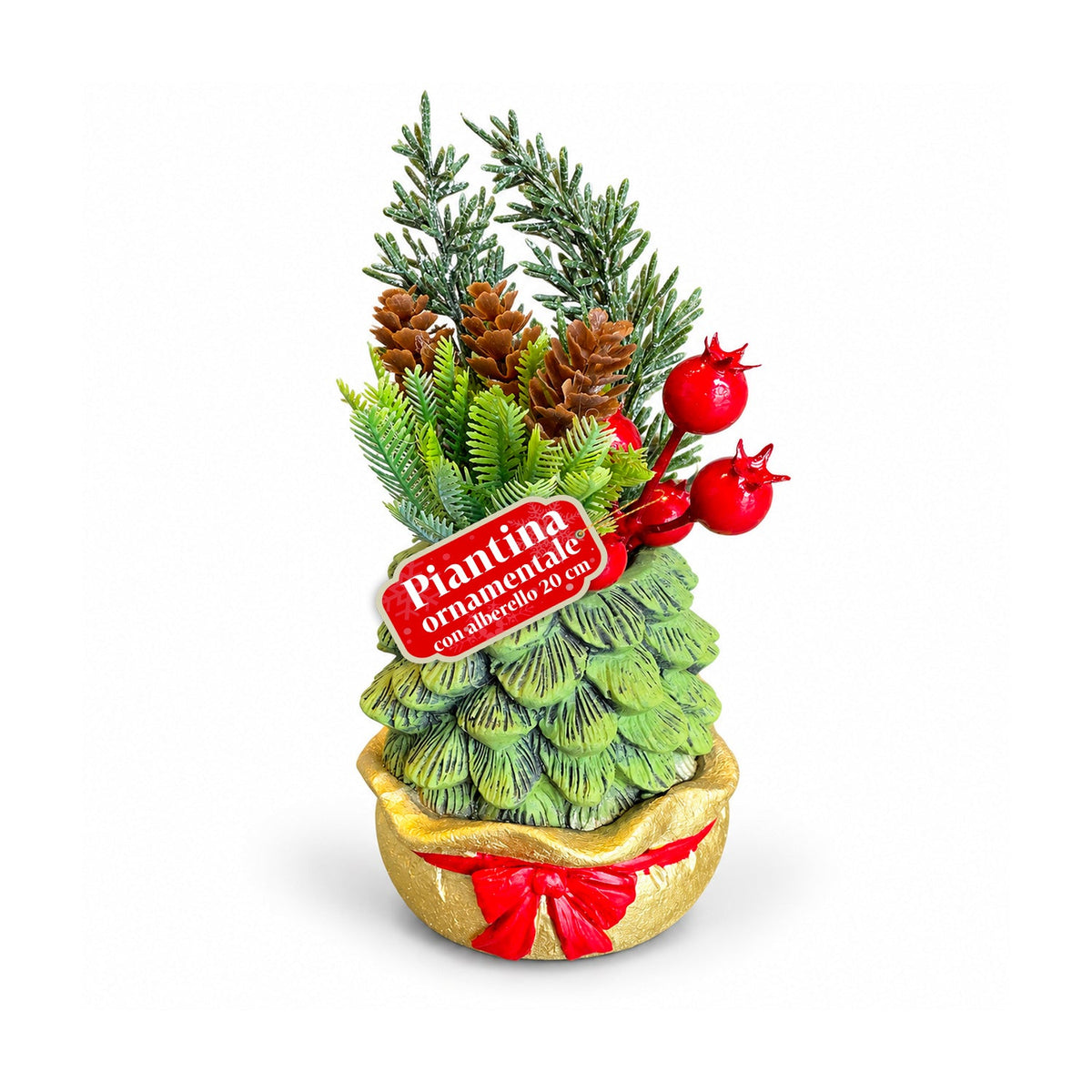 Piantina ornamentale con alberello 20 cm, decorazione natalizia da tavolo con pigne, bacche rosse e fiocco in rilievo, 2 varianti rosso e oro