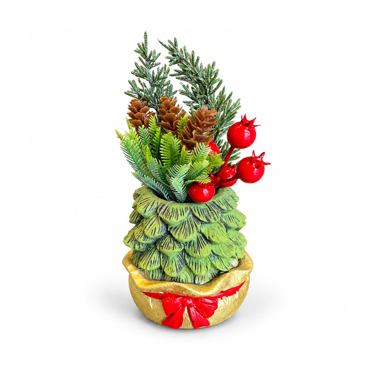 Piantina ornamentale con alberello 20 cm, decorazione natalizia da tavolo con pigne, bacche rosse e fiocco in rilievo, 2 varianti rosso e oro
