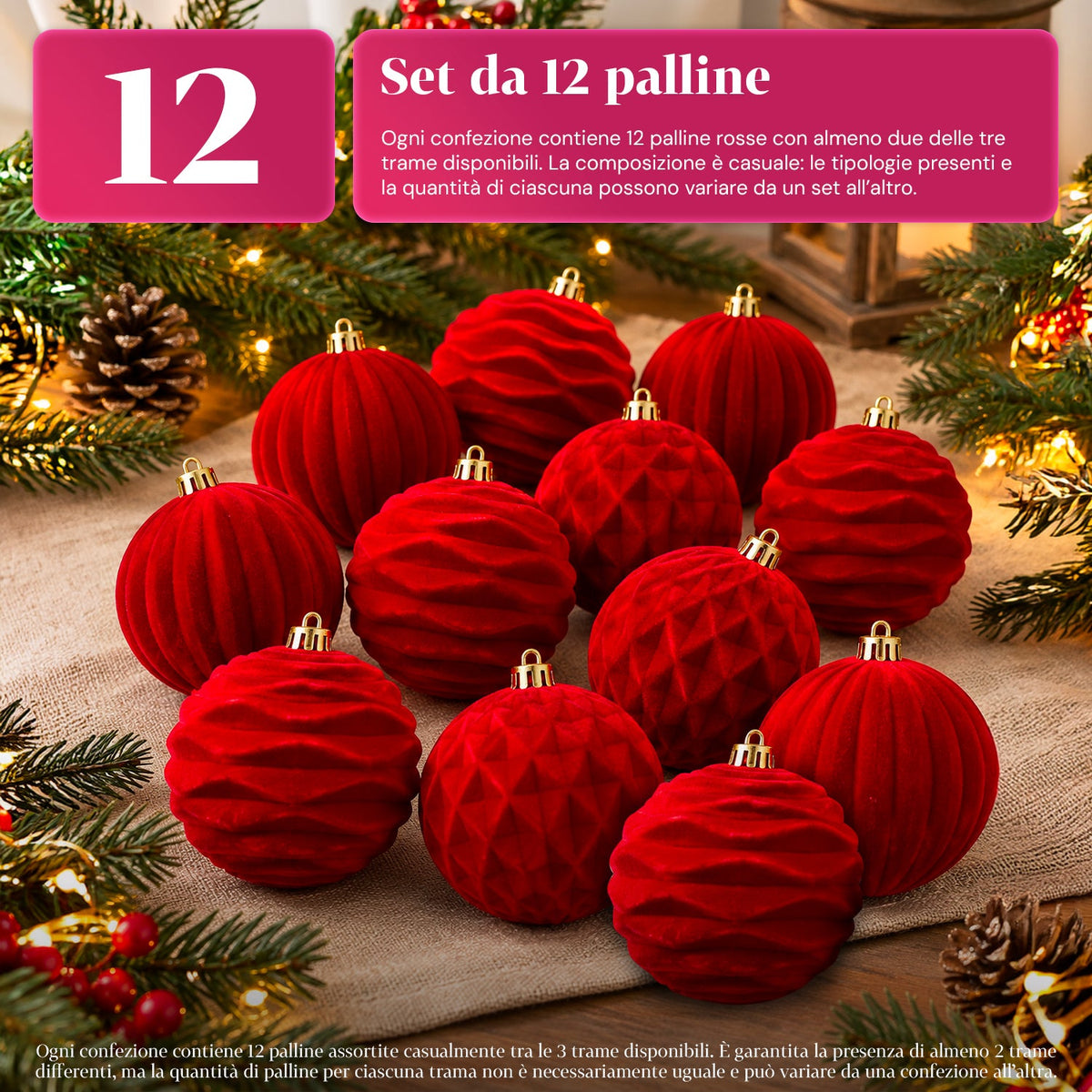 Set 12 palline di Natale vellutate 8 cm, tre trame diverse in ogni confezione, 3 colori disponibili, sfere opache per albero e decorazioni