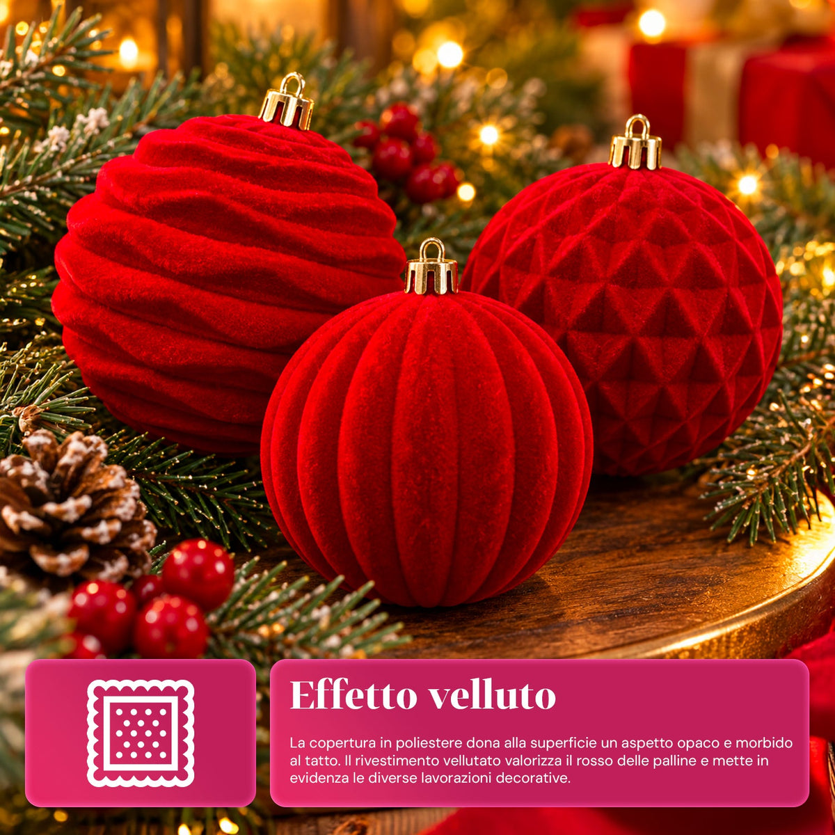 Set 12 palline di Natale vellutate 8 cm, tre trame diverse in ogni confezione, 3 colori disponibili, sfere opache per albero e decorazioni