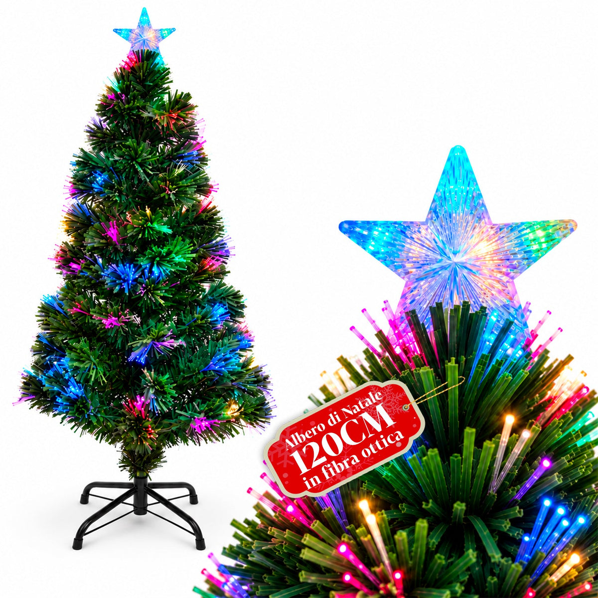 Albero di Natale in fibra ottica con giochi di luce e puntale a stella, 2 altezze 120 e 180 cm, rami in PVC, alimentazione con trasformatore