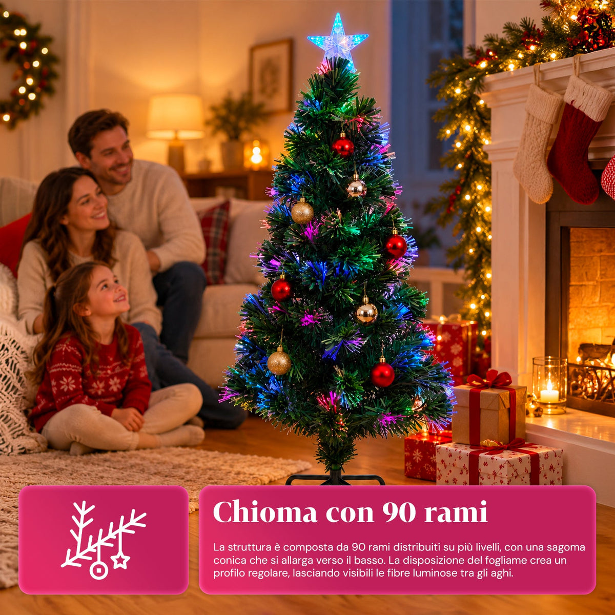 Albero di Natale in fibra ottica con giochi di luce e puntale a stella, 2 altezze 120 e 180 cm, rami in PVC, alimentazione con trasformatore
