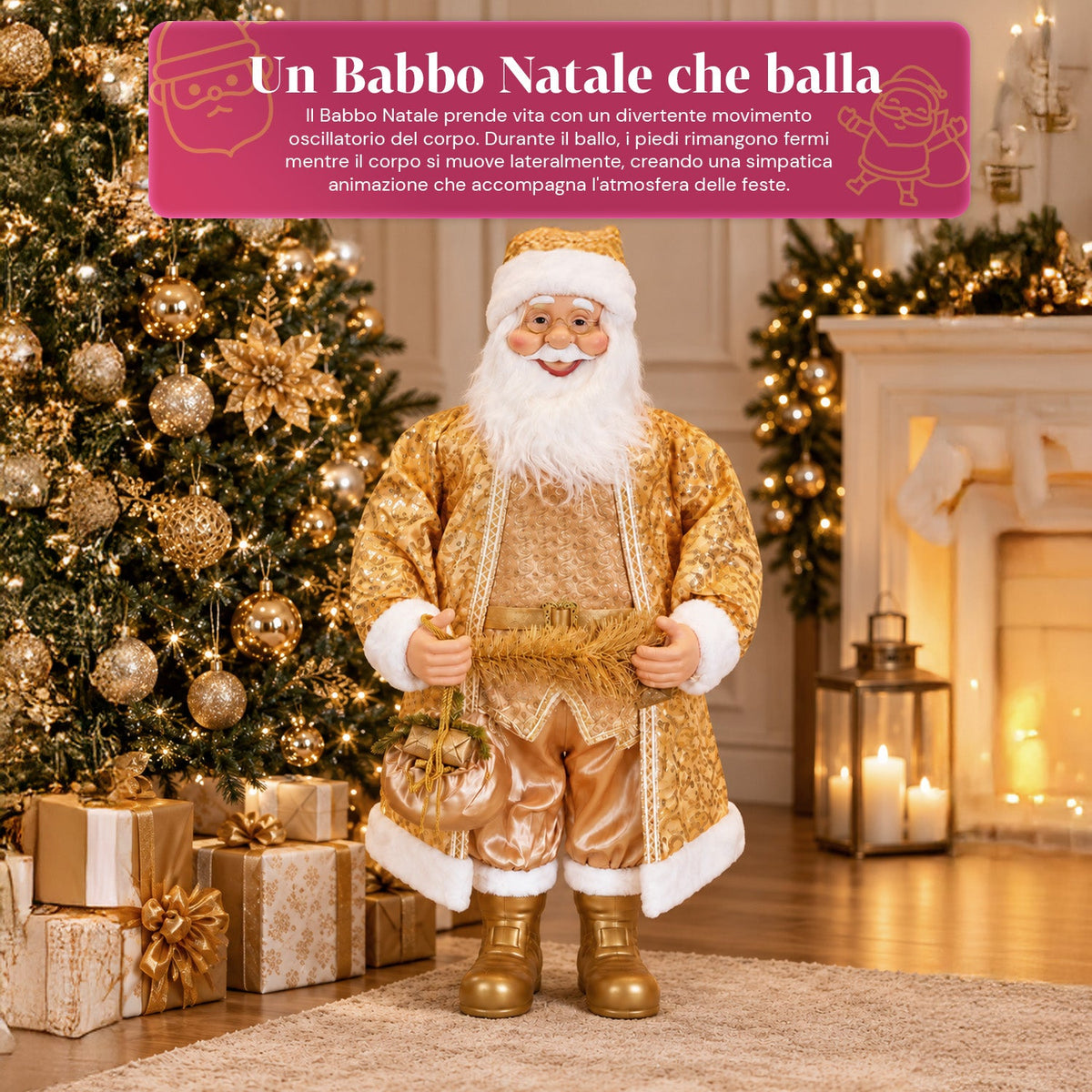 Babbo Natale Danzante 130 cm con Musica, Statua Natalizia Oro che Danza Ride e Canta, Più Modalità e Brani, Base da Riempire, Alimentatore Incluso