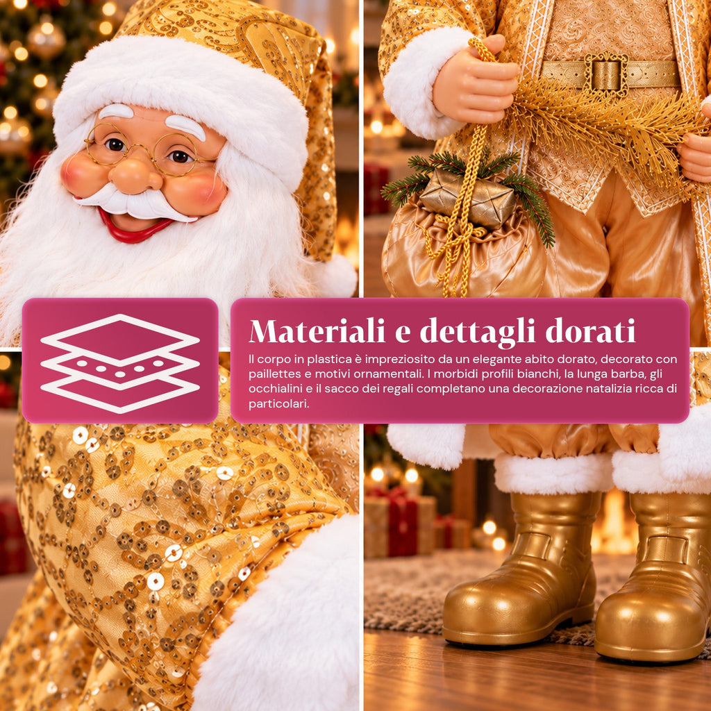 Babbo Natale Danzante 130 cm con Musica, Statua Natalizia Oro che Danza Ride e Canta, Più Modalità e Brani, Base da Riempire, Alimentatore Incluso