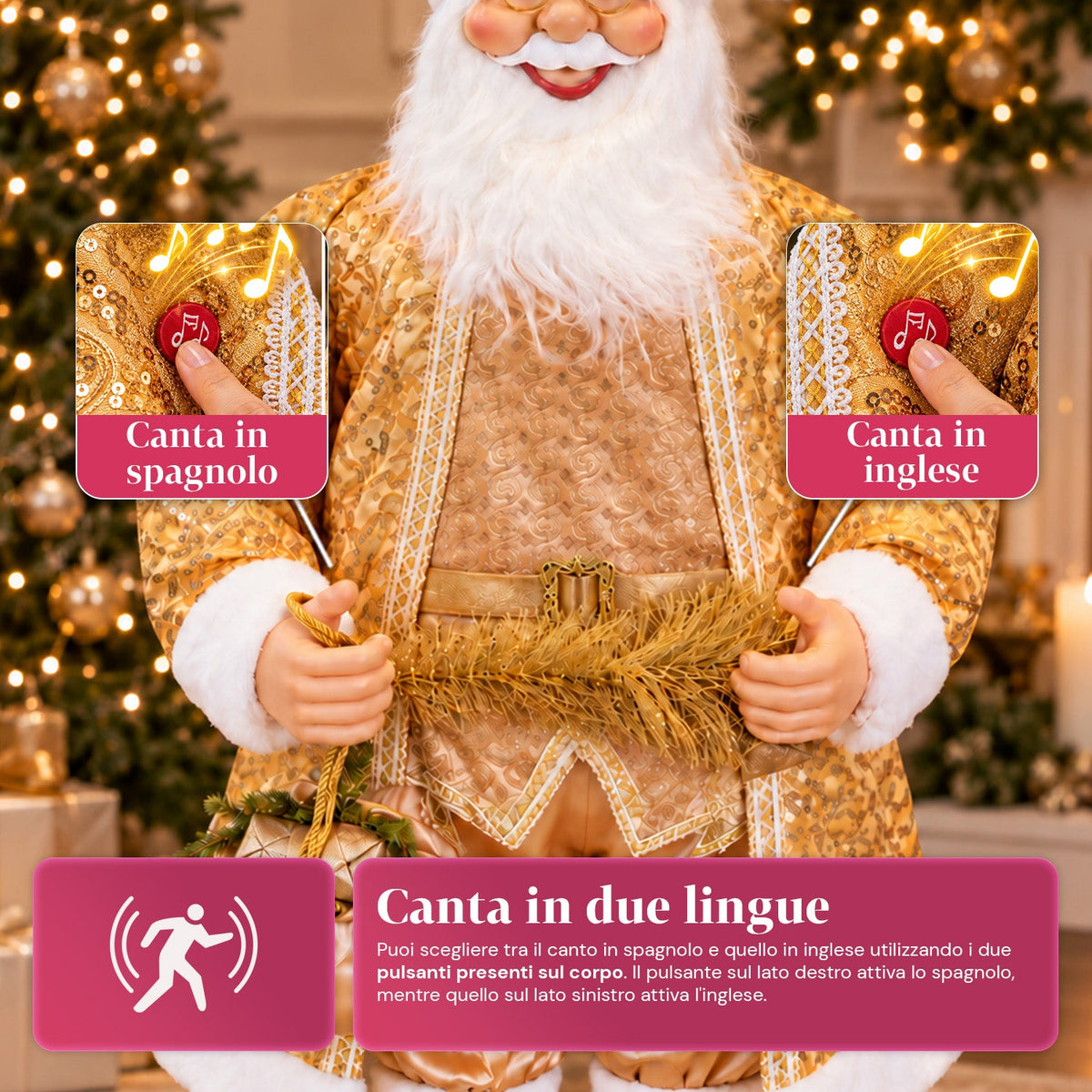 Babbo Natale Danzante 130 cm con Musica, Statua Natalizia Oro che Danza Ride e Canta, Più Modalità e Brani, Base da Riempire, Alimentatore Incluso